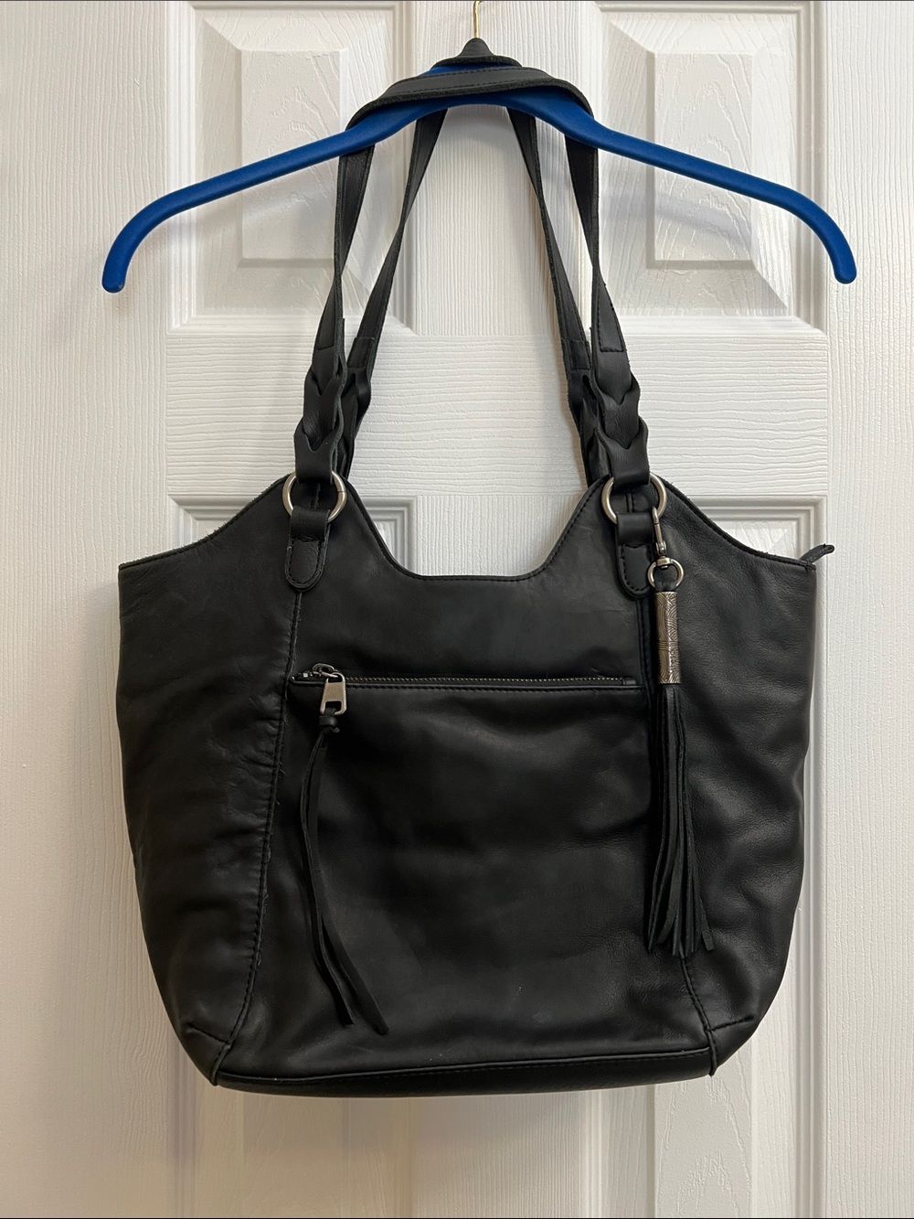 The Sak Black Women's Leather Tote Bag with Tassel Braids Accents